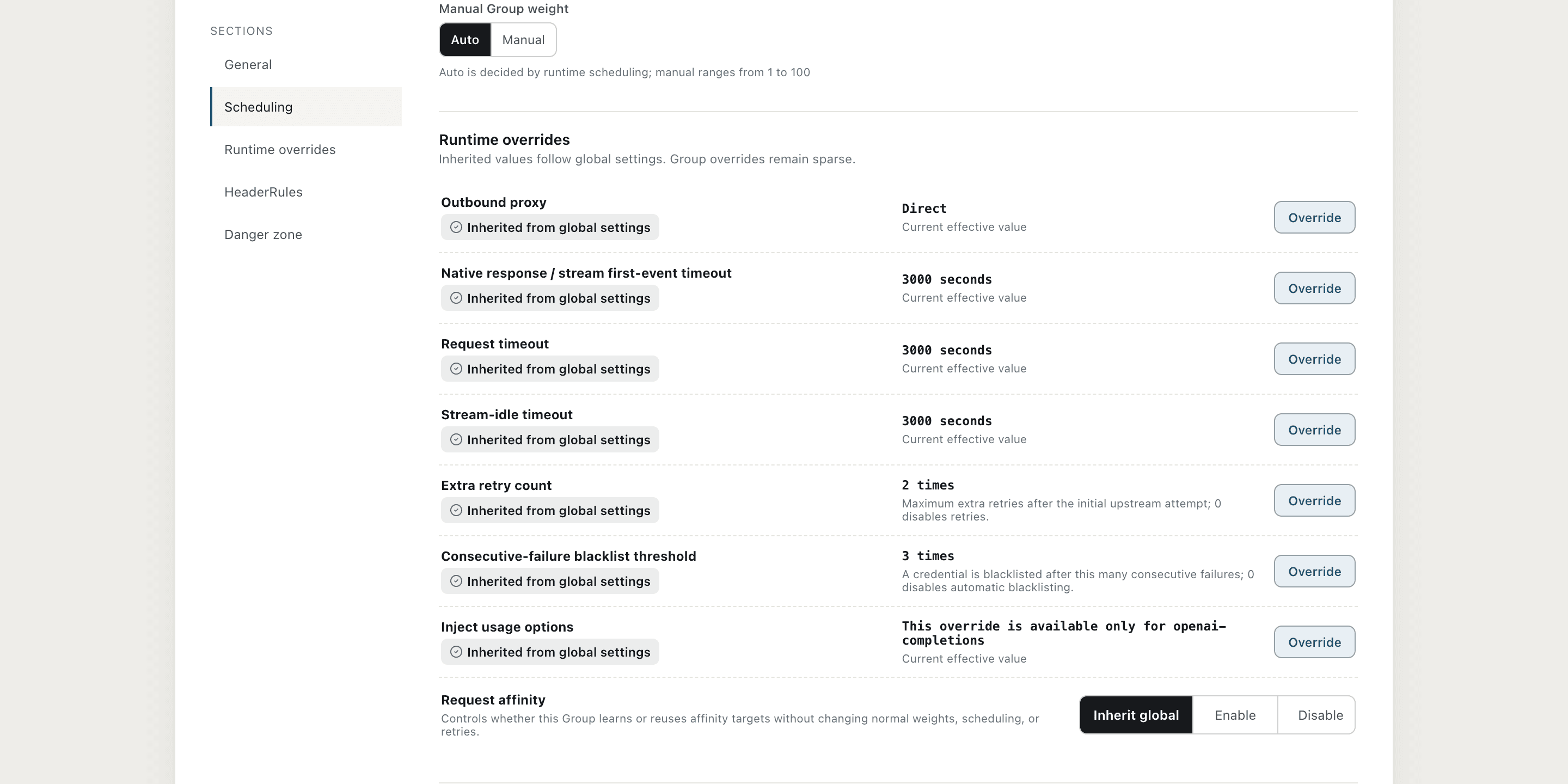 Group settings page, showing configuration items such as weight, timeout, retry, and inheriting system default values.
