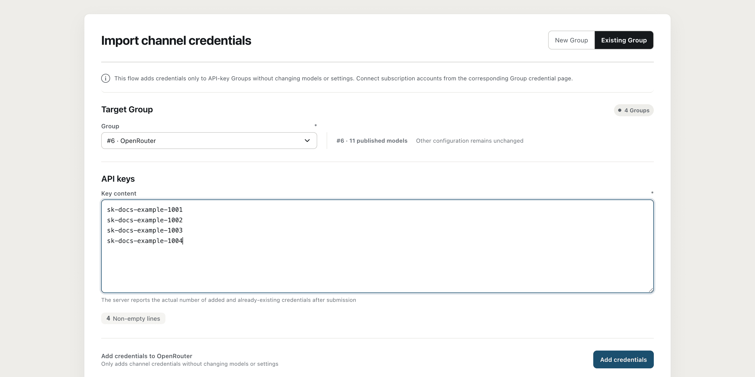 The existing Group page for importing channel credentials shows the target Group and multi-line API key input area