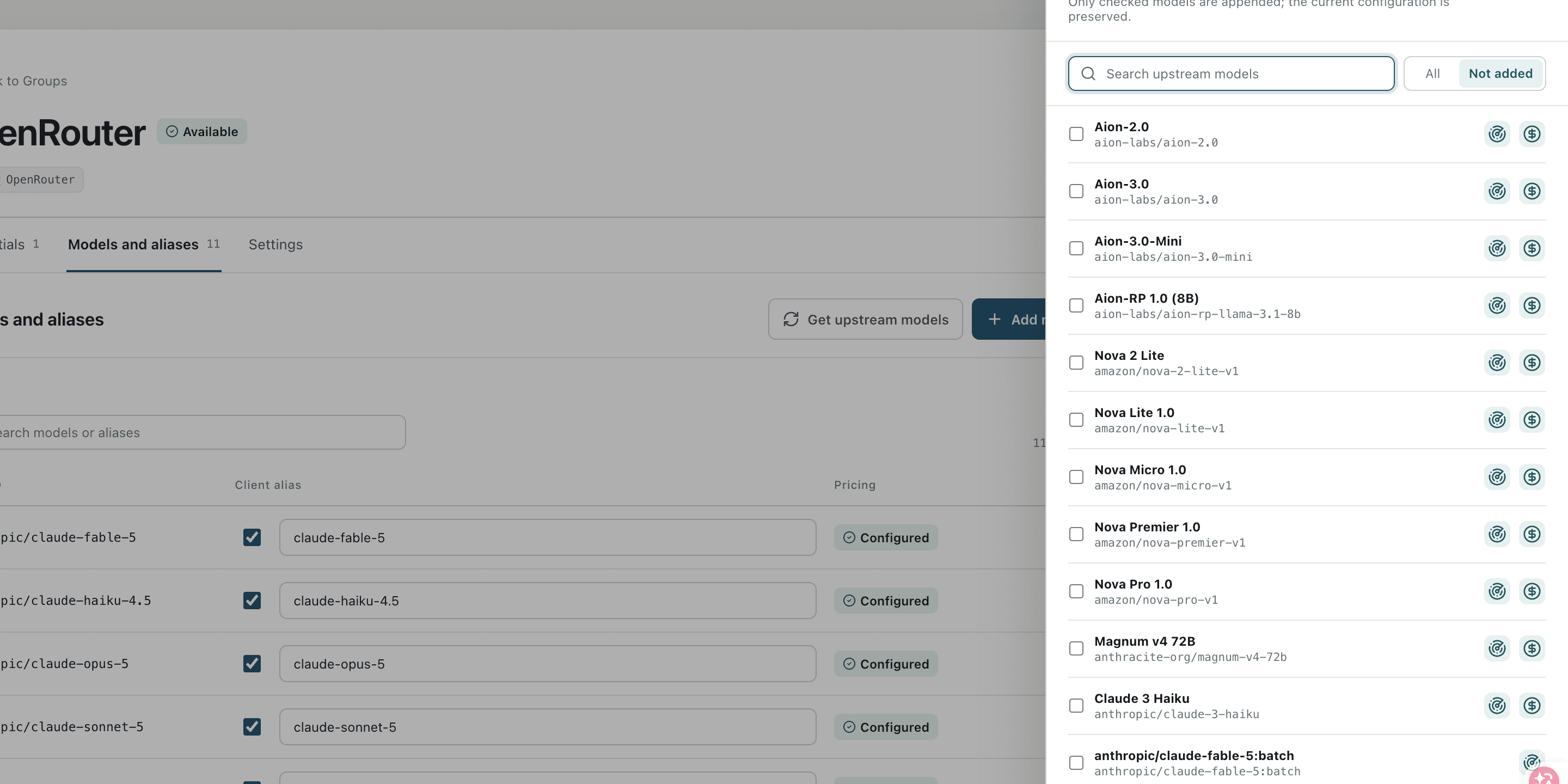 On the Group's model page, open the drawer to fetch the upstream model list and search for models not yet added.