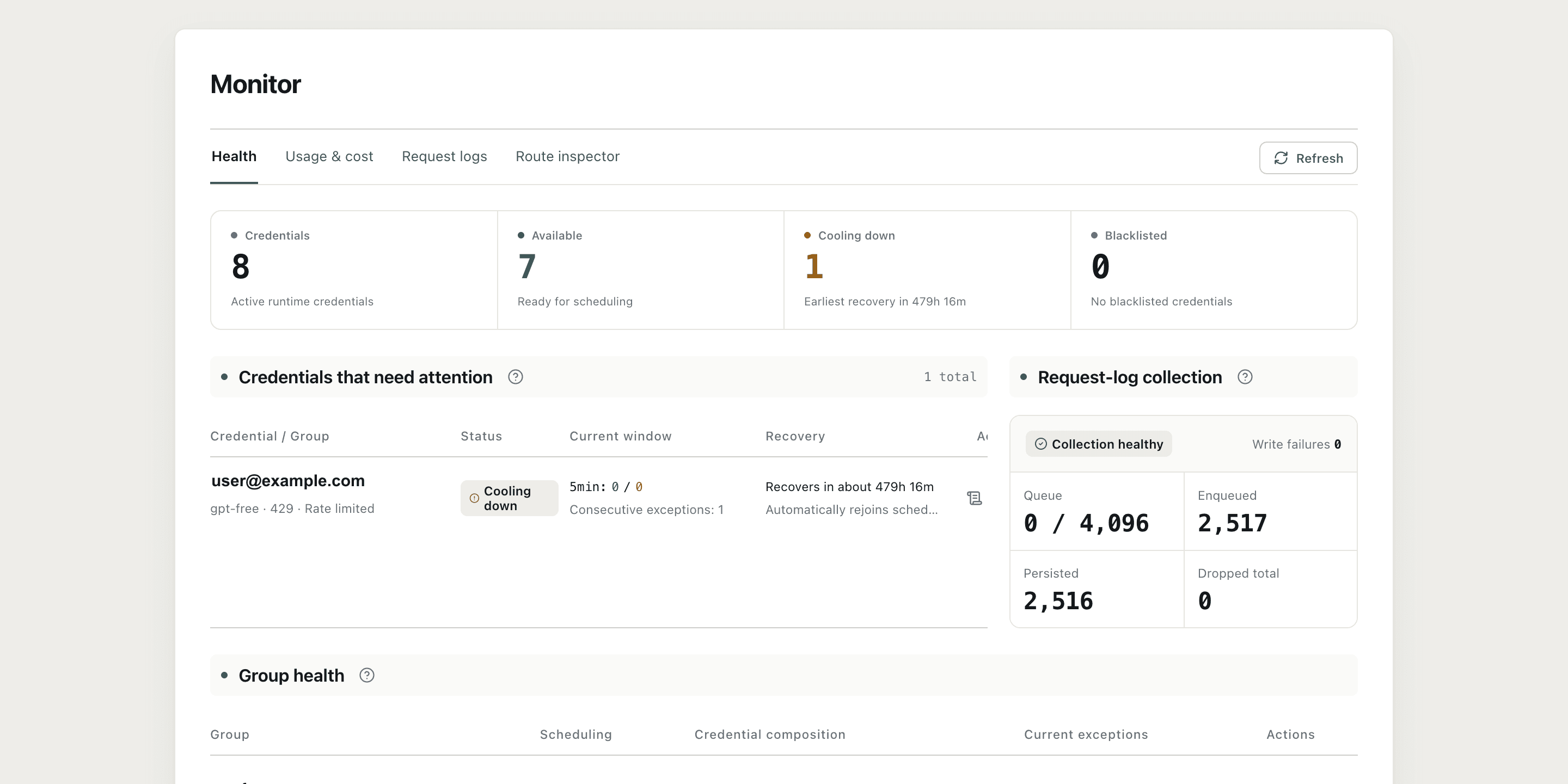 Health monitoring page, displaying an overview of credential health, Group status, and issue list
