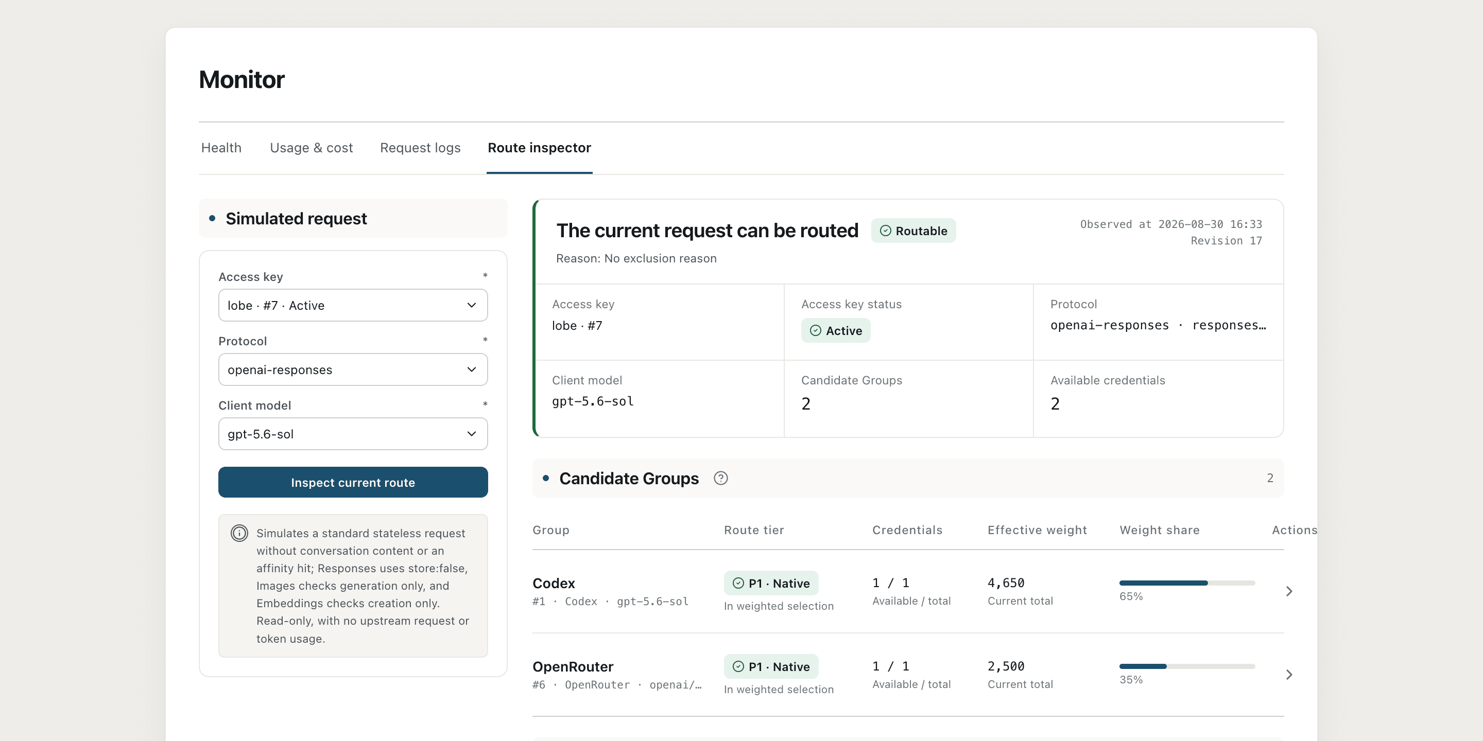 Route check page, showing simulated request conditions, routing results, candidate Groups, and the number of available credentials