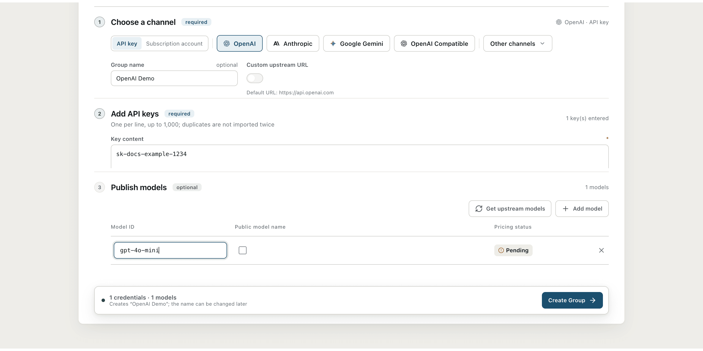 Completed new Group form, including Group name, example API key, and model table