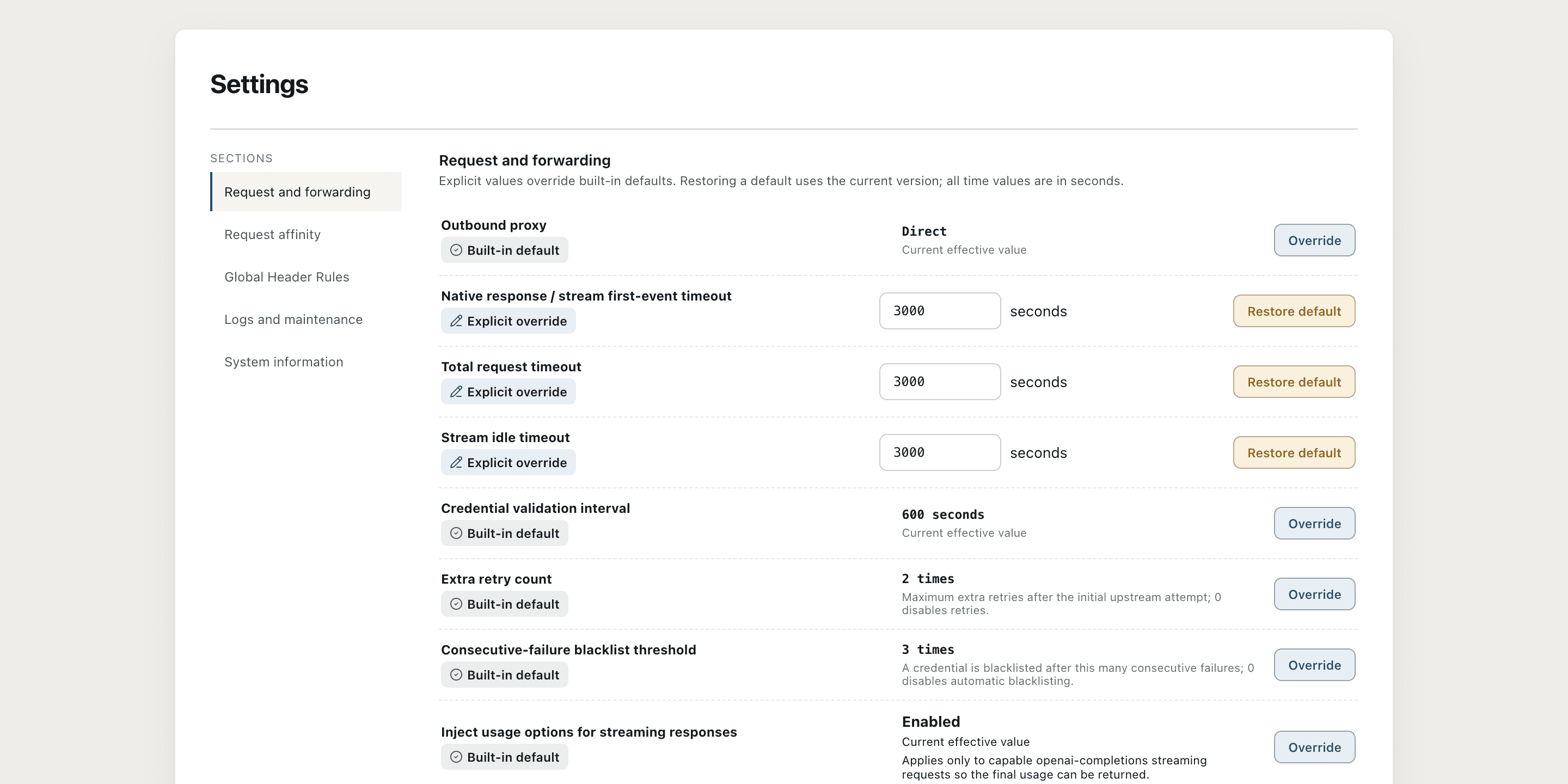 Runtime settings page of the system, displaying global values such as outbound proxy, timeout, detection interval, retry, and blacklist threshold