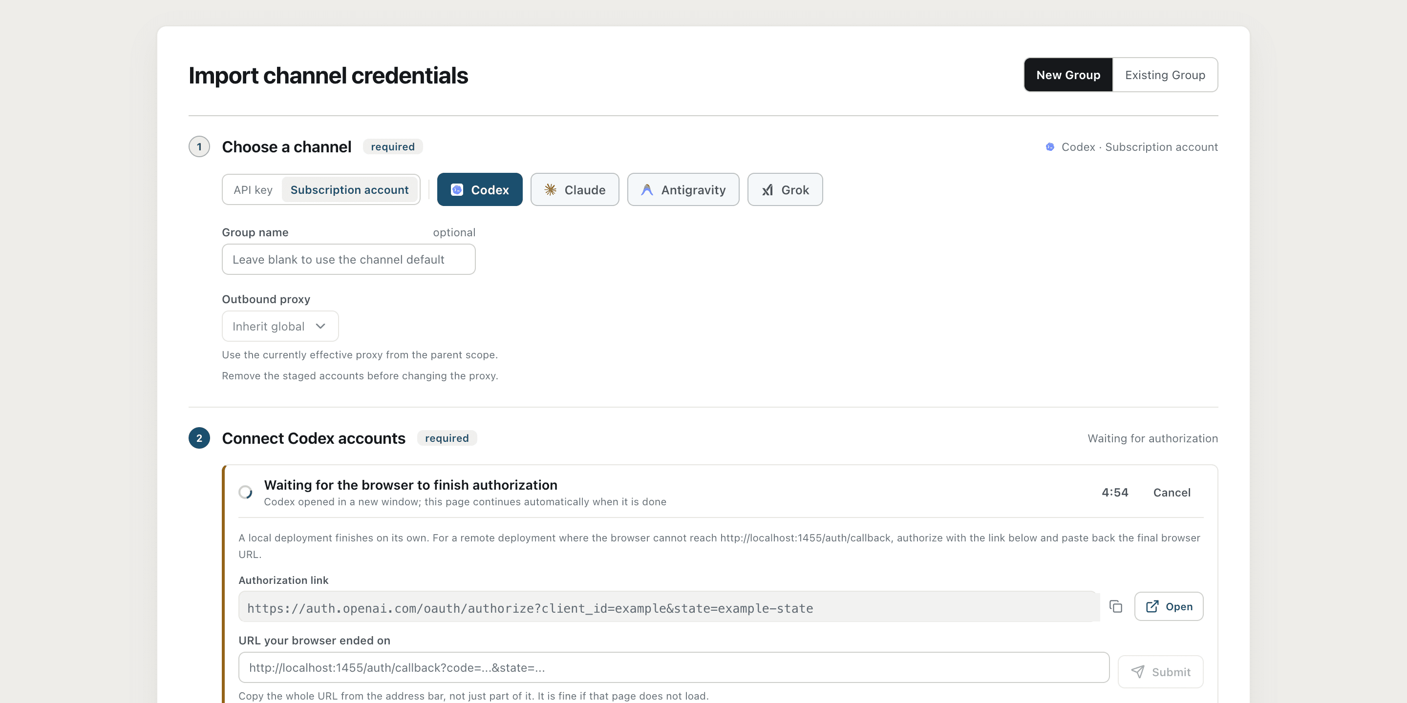 The connection account panel of Codex subscription Group, showing OAuth authorization link and callback address input box
