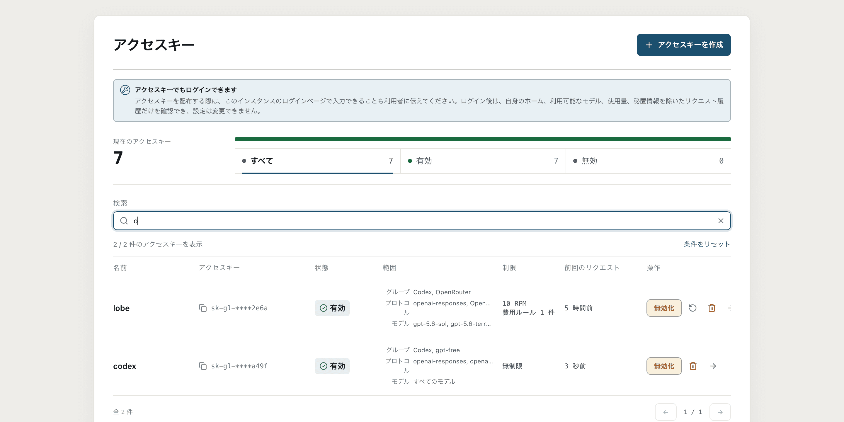 AccessKey一覧。キーの状態、認可済みGroup、プロトコル範囲、使用量制限を表示