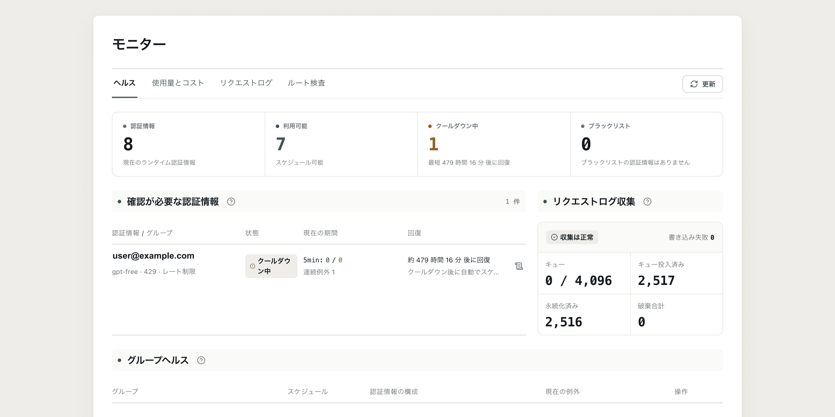 健全性ページで、認証情報の概要、Groupの状態、問題一覧を表示